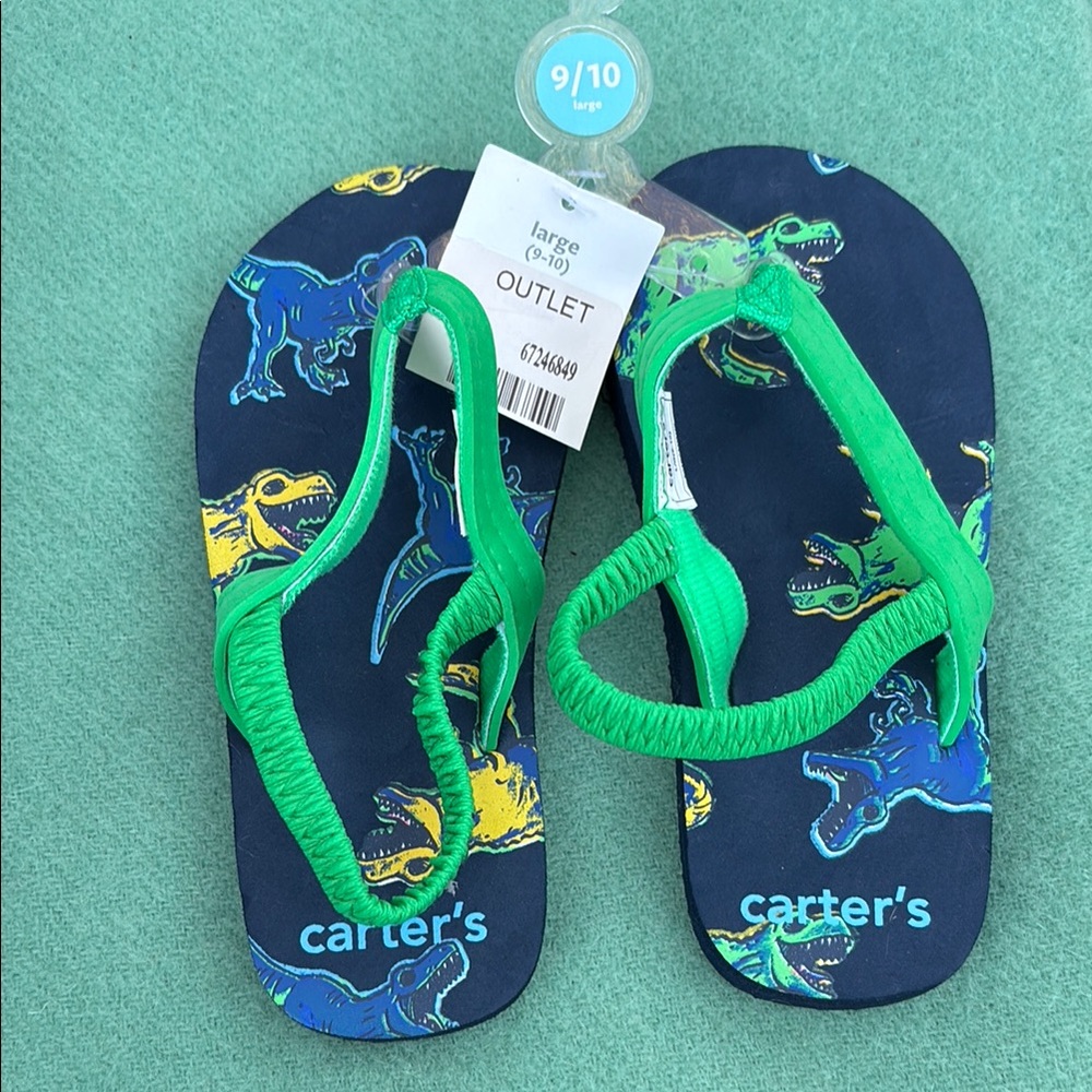 NWT Carter's Kids Dinosaur Flip Flops - Green and Blue Elastic Heel Strap L 9-10